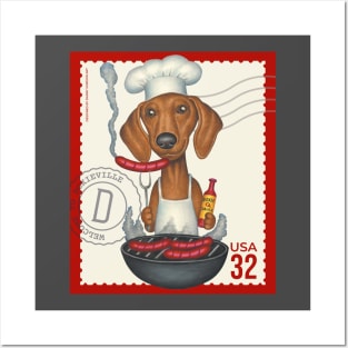 Funny Dachshund Doxie grilling hot dogs Posters and Art